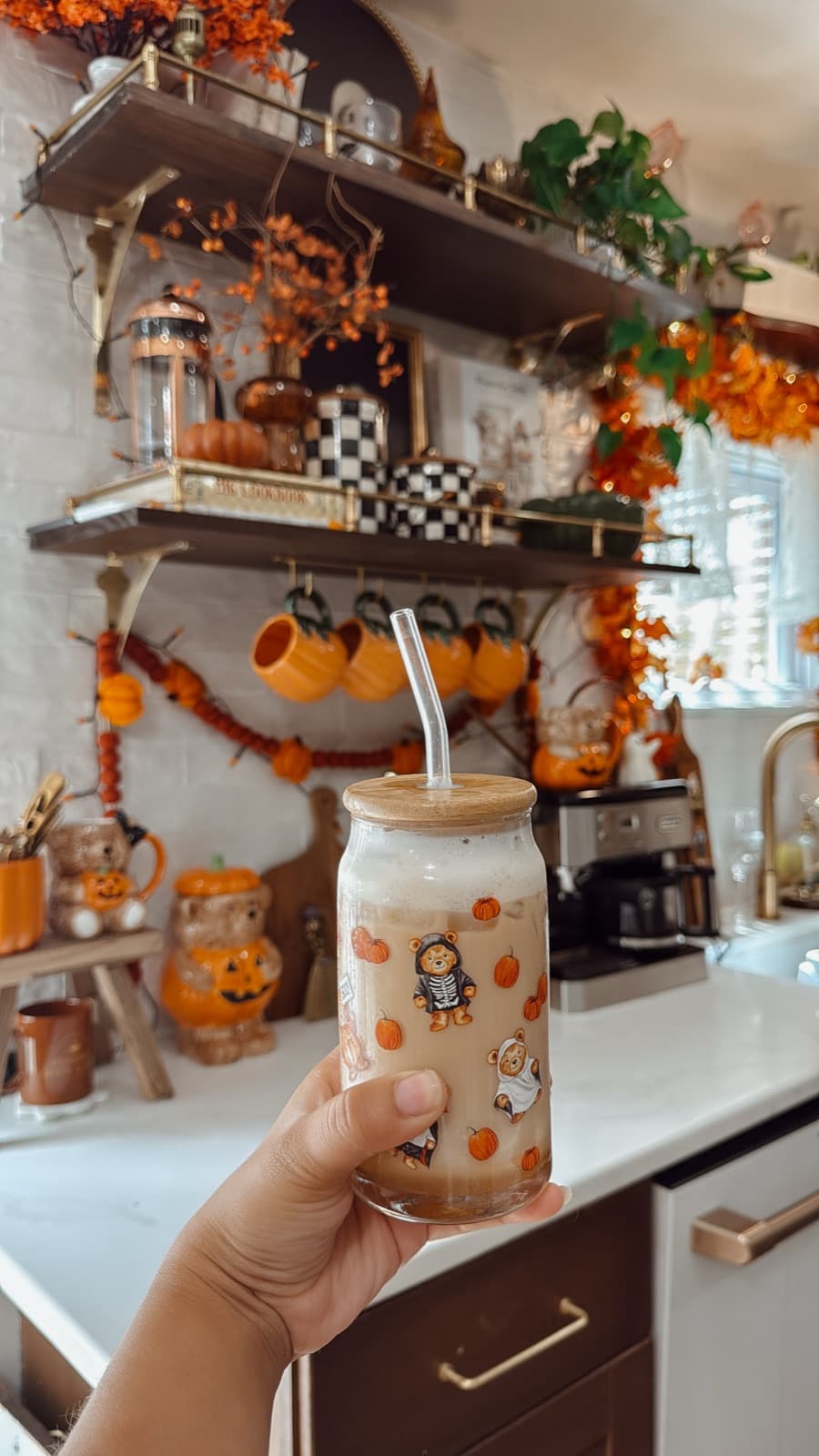Fall coffee bar styled on a wooden shelf
